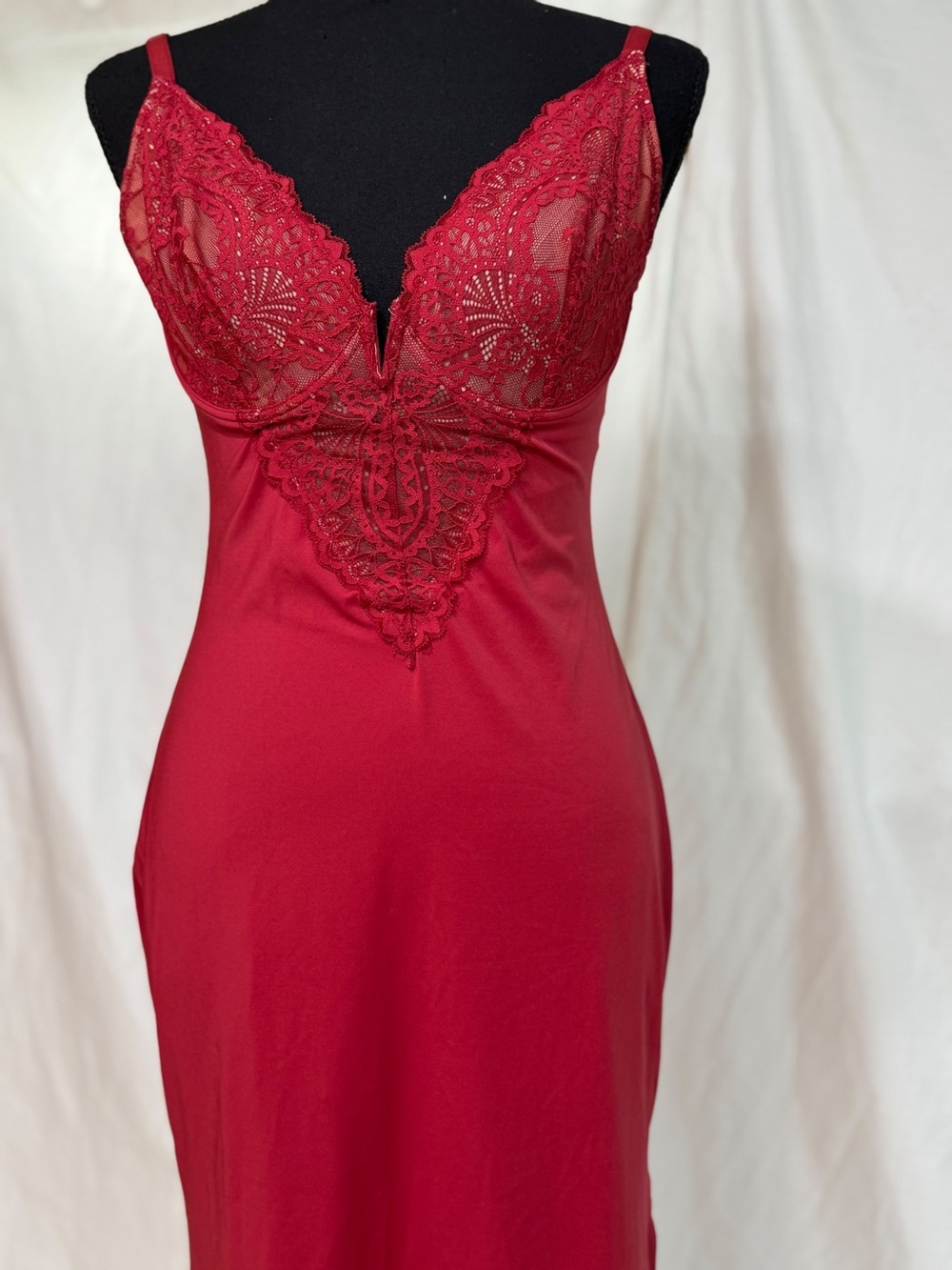 Red Lace-Front Satin Slip Chemise with Sheer Cups
